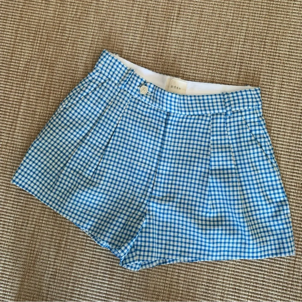 NWT Doen Kingsley Cotton Button High Waist Shorts Southhampton Gingham Blue - Picture 6 of 12